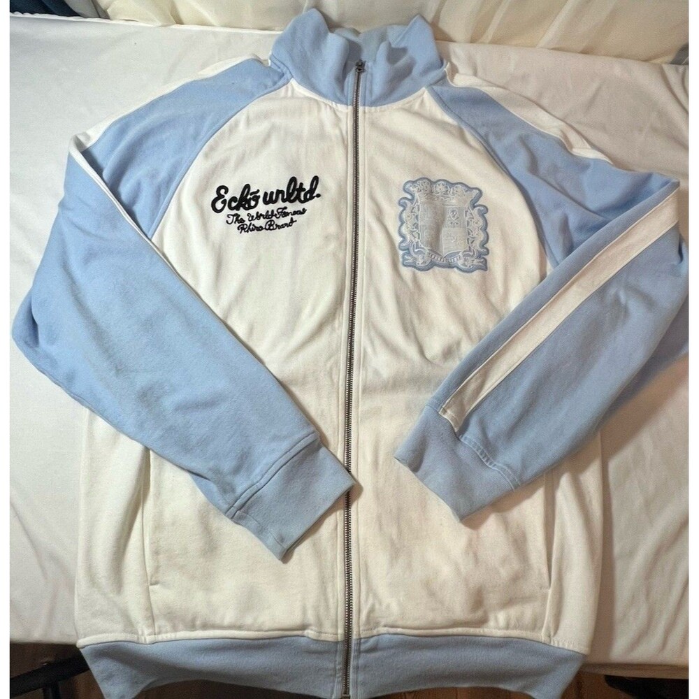 Vintage Echo Unltd Rhino Brand White & Blue Zip-up Sweatshirt Size Medium
